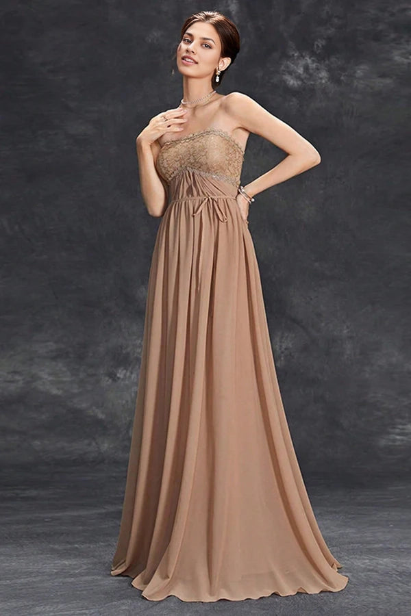 Simple Khaki A-Line Strapless Chiffon Long Prom Dress simple gentle atmospheric and unique desi Bring summer colors to enhance whiteness