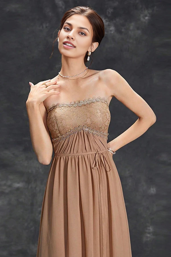 Simple Khaki A-Line Strapless Chiffon Long Prom Dress simple gentle atmospheric and unique desi Bring summer colors to enhance whiteness