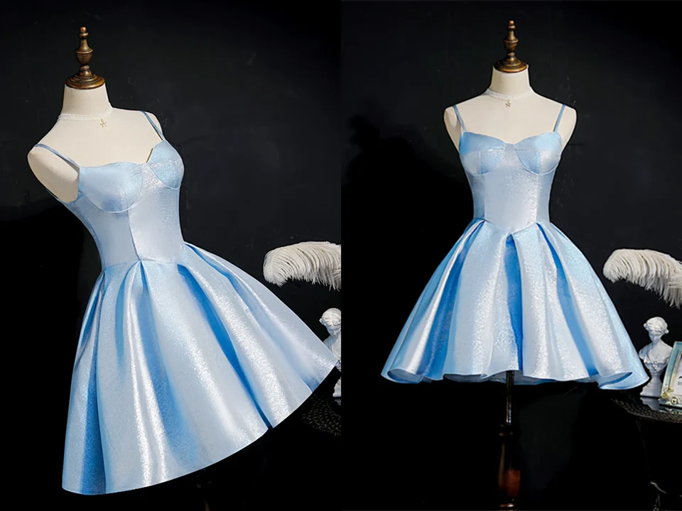 Simple Light Blue Lace Up Back Spaghetti Straps Short Homecoming Dresses Formal Dresses simple gentle atmospheric and unique desi Bring summer colors to enhance whitenes