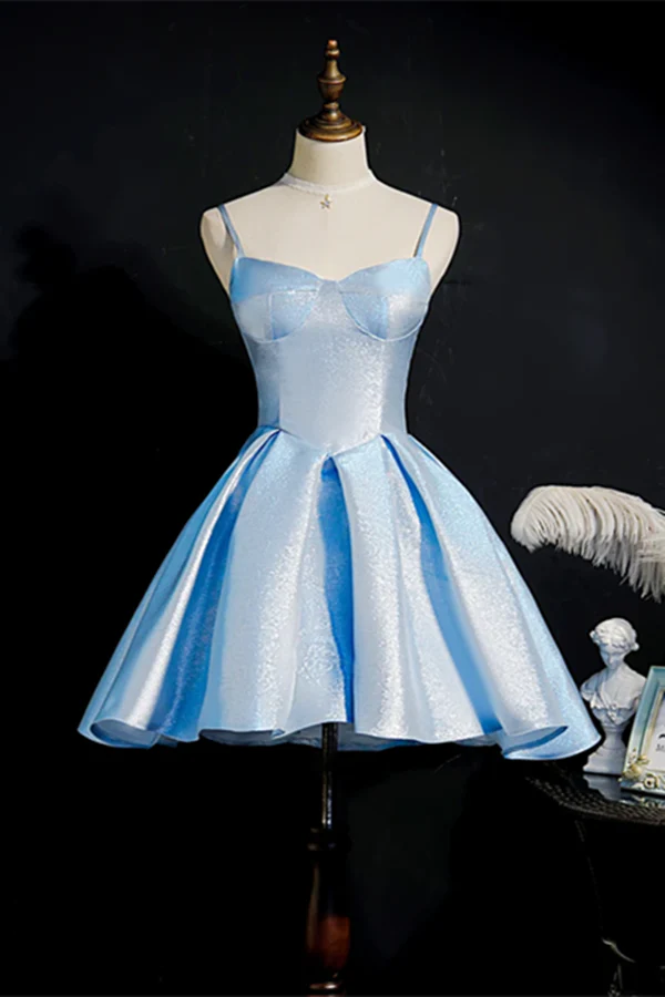 Simple Light Blue Lace Up Back Spaghetti Straps Short Homecoming Dresses Formal Dresses simple gentle atmospheric and unique desi Bring summer colors to enhance whitenes