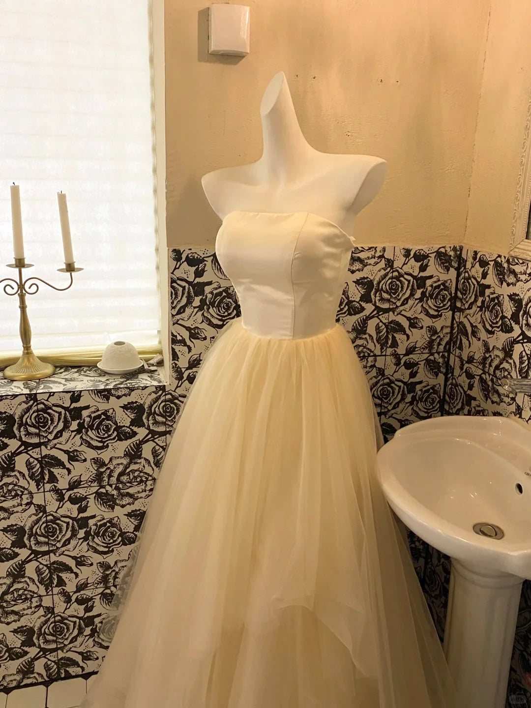 Simple Light Champagne A Line Strapless Satin Tulle Party Dress Prom Dress simple gentle atmospheric and unique desi Bring summer colors to enhance whiteness ﻿