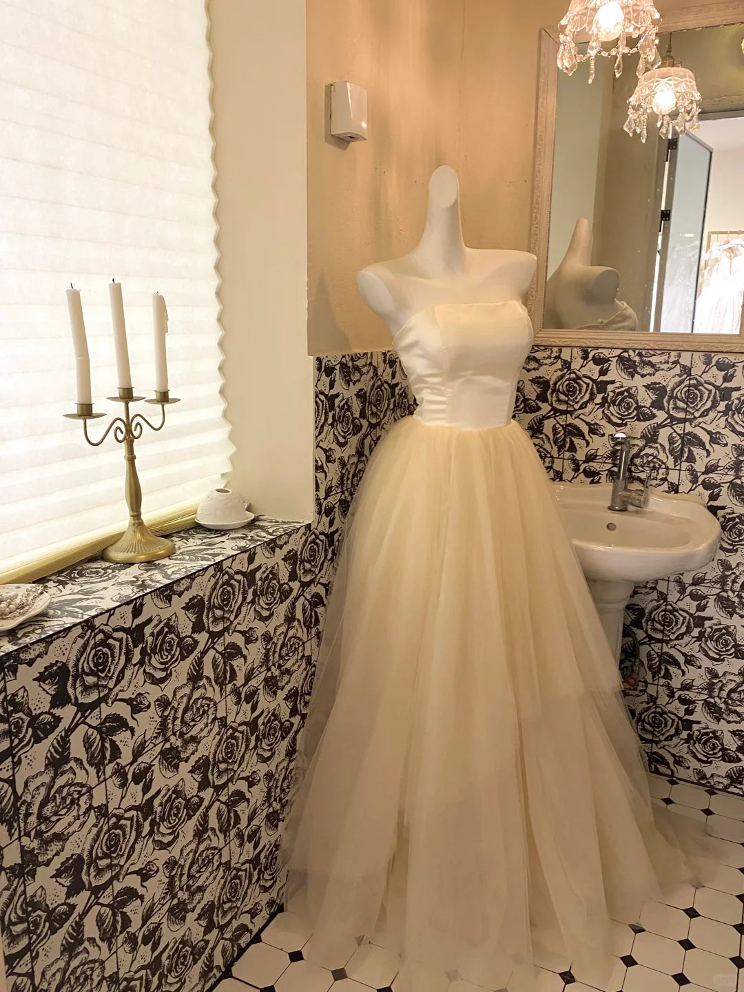 Simple Light Champagne A Line Strapless Satin Tulle Party Dress Prom Dress simple gentle atmospheric and unique desi Bring summer colors to enhance whiteness ﻿