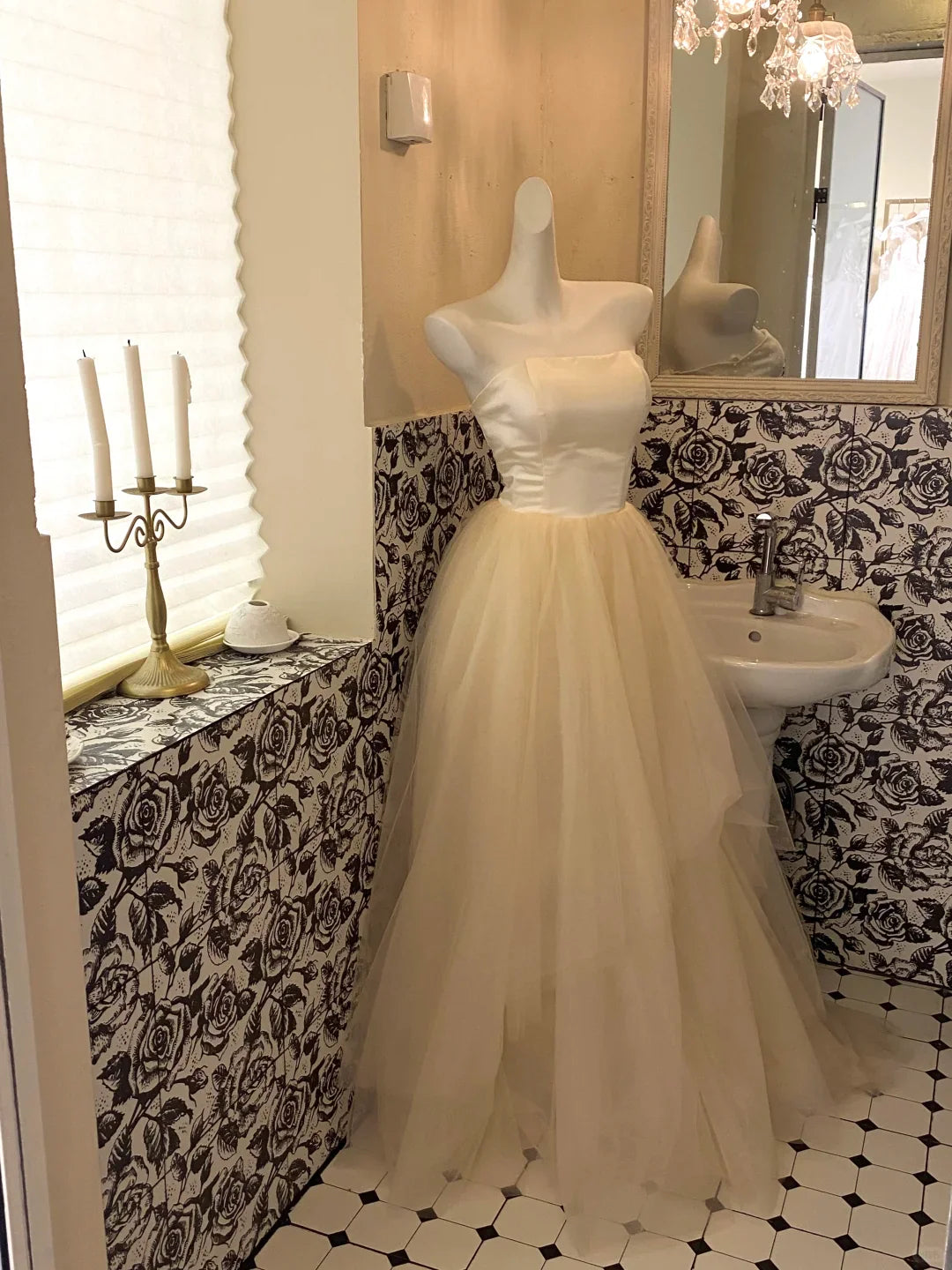 Simple Light Champagne A Line Strapless Satin Tulle Party Dress Prom Dress simple gentle atmospheric and unique desi Bring summer colors to enhance whiteness ﻿