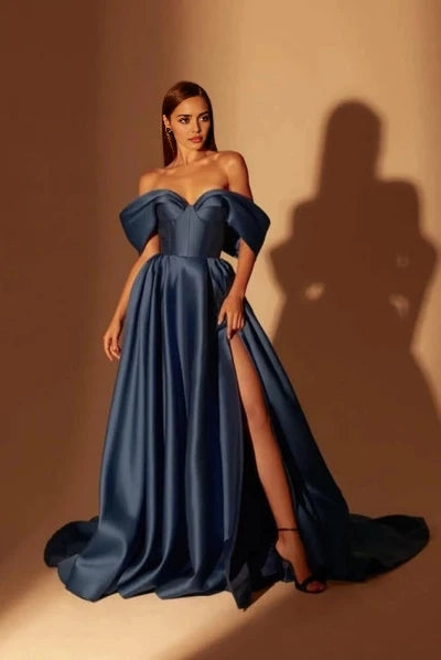 Simple Long Navy Blue A-line Off-shoulder Prom Gowns With Chic Side Slit Simple gentle atmospheric and unique design