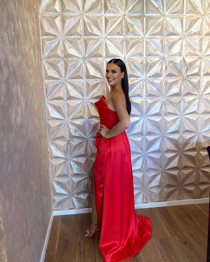 Simple Long Red A-line Satin Sleeveless Floor-Length Prom Dress with Slit Simple gentle atmospheric and unique design