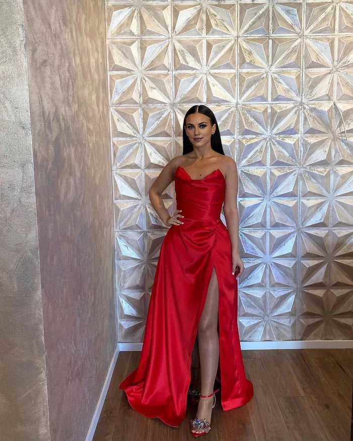 Simple Long Red A-line Satin Sleeveless Floor-Length Prom Dress with Slit Simple gentle atmospheric and unique design