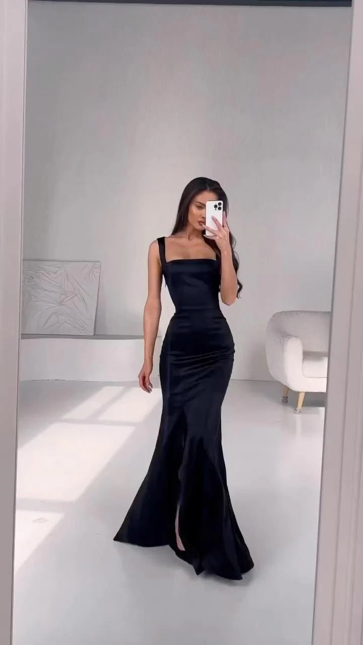 Simple Mermaid Square Neck Sleeveless Black Satin Prom Dresses Formal Summer Wedding Guest Dresses Wedding Guest Outfits simple gentle atmospheric and unique desi Bring summer colors to enhance whiteness