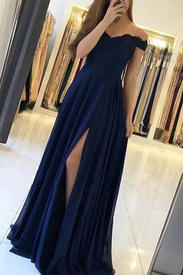 Simple Navy Chiffon A Line Off the Shoulder Prom Dresses With Side Split simple gentle atmospheric and unique desi Bring summer colors to enhance whiteness