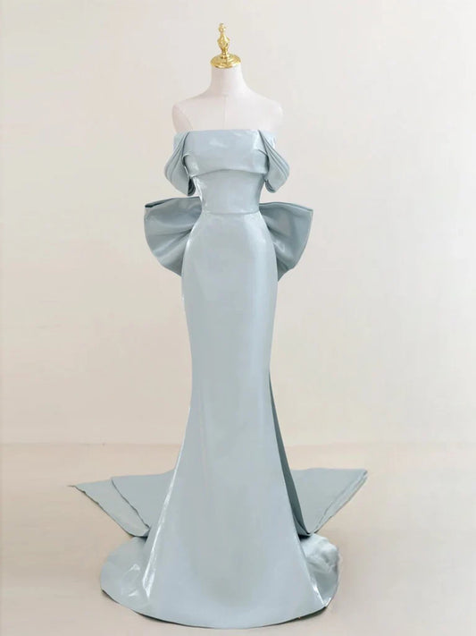 Simple Off Shoulder Satin Blue Long Prom Dress Blue Long Formal Dress gowns evening dresses simple gentle atmospheric and unique desi Bring summer colors to enhance whiteness
