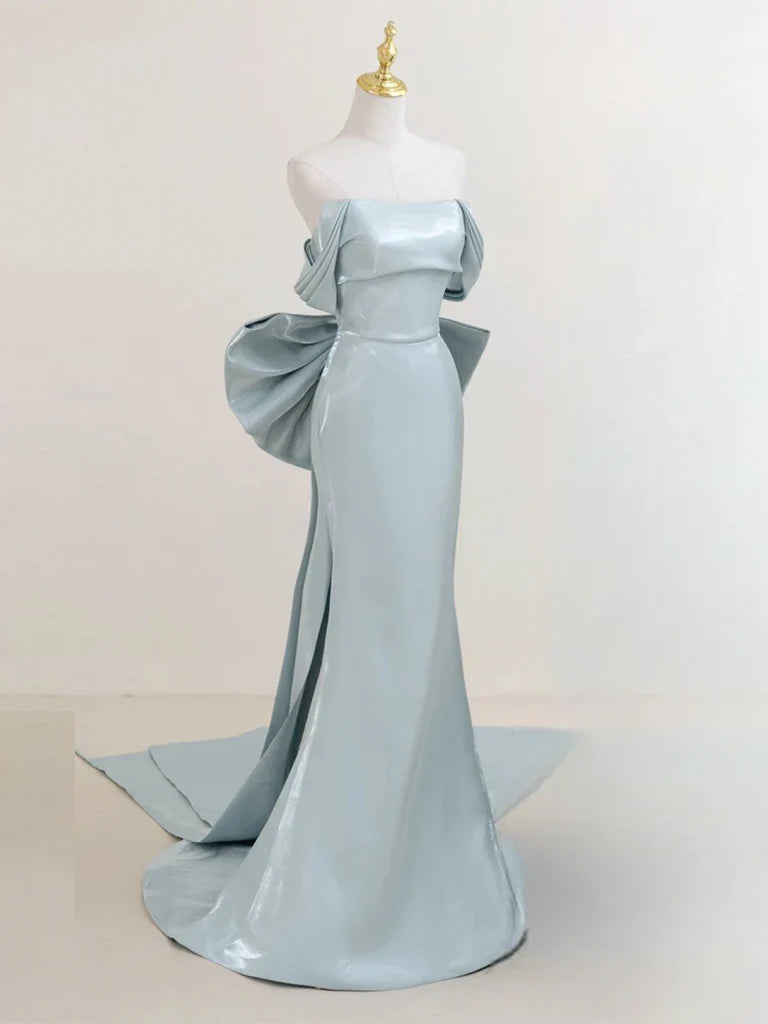 Simple Off Shoulder Satin Blue Long Prom Dress Blue Long Formal Dress gowns evening dresses simple gentle atmospheric and unique desi Bring summer colors to enhance whiteness