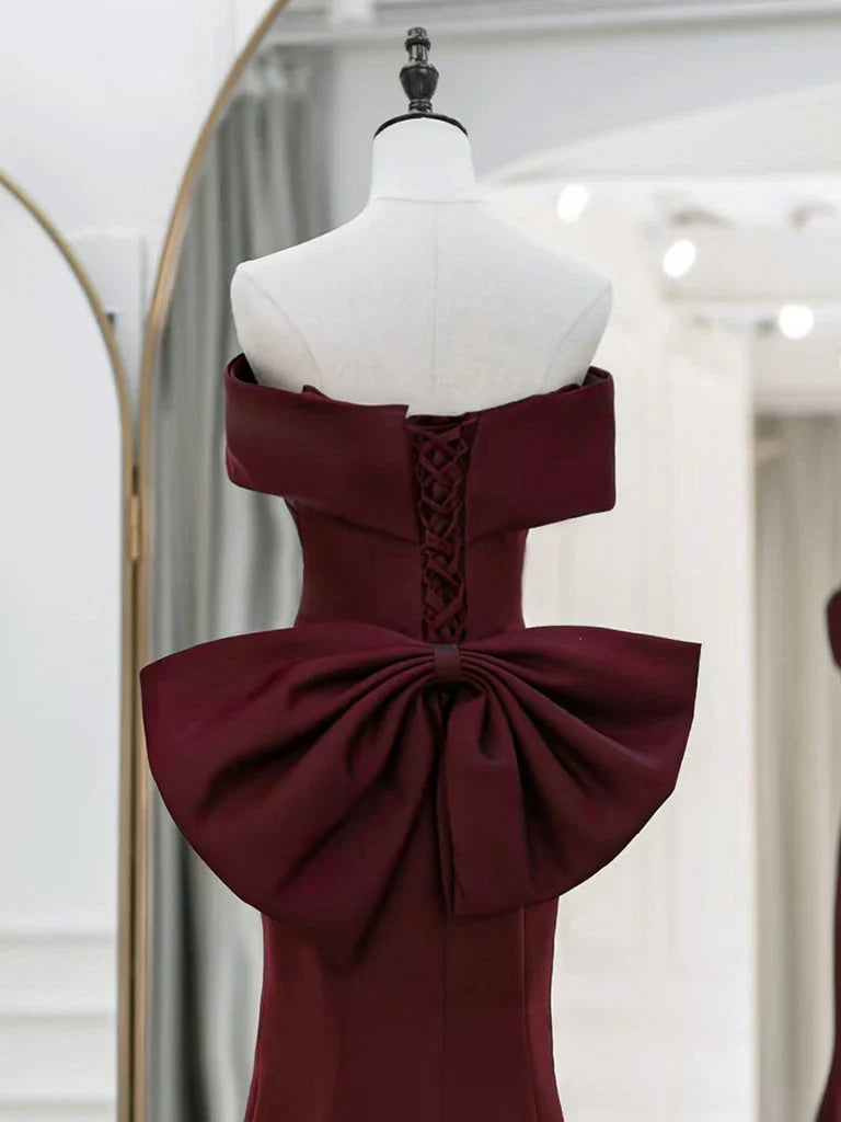 Simple Off Shoulder Satin Burgundy Long Prom Dresses Mermaid Long Evening Dress gowns evening dresses simple gentle atmospheric and unique desi Bring summer colors to enhance whiteness