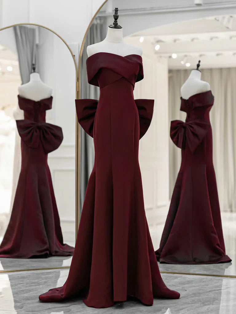 Simple Off Shoulder Satin Burgundy Long Prom Dresses Mermaid Long Evening Dress gowns evening dresses simple gentle atmospheric and unique desi Bring summer colors to enhance whiteness