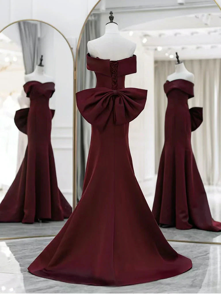 Simple Off Shoulder Satin Burgundy Long Prom Dresses Mermaid Long Evening Dress gowns evening dresses simple gentle atmospheric and unique desi Bring summer colors to enhance whiteness