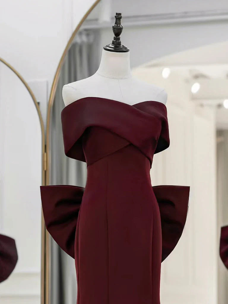 Simple Off Shoulder Satin Burgundy Long Prom Dresses Mermaid Long Evening Dress gowns evening dresses simple gentle atmospheric and unique desi Bring summer colors to enhance whiteness