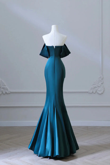 Simple Off Shoulder Satin Ink Blue Long Prom Dress Ink Blue Mermaid Formal Dress simple gentle atmospheric and unique desi Bring summer colors to enhance white