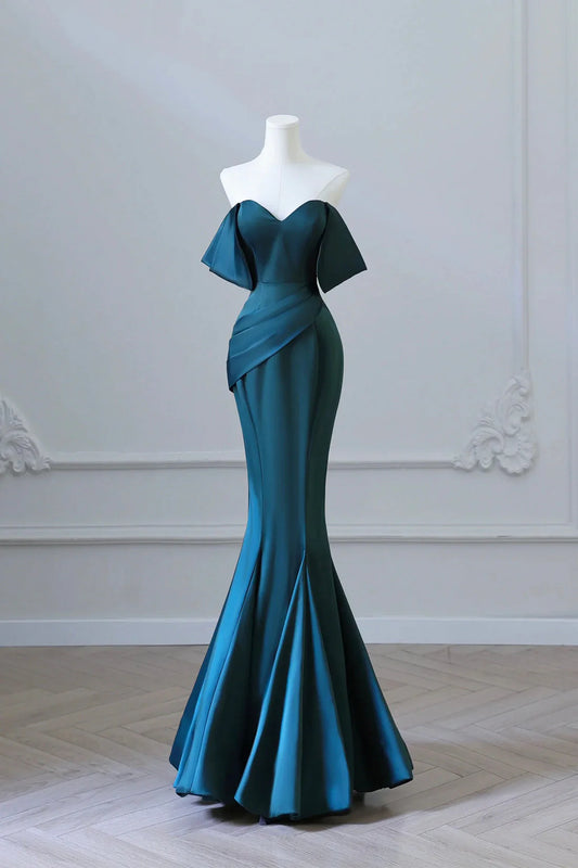 Simple Off Shoulder Satin Ink Blue Long Prom Dress Ink Blue Mermaid Formal Dress simple gentle atmospheric and unique desi Bring summer colors to enhance white