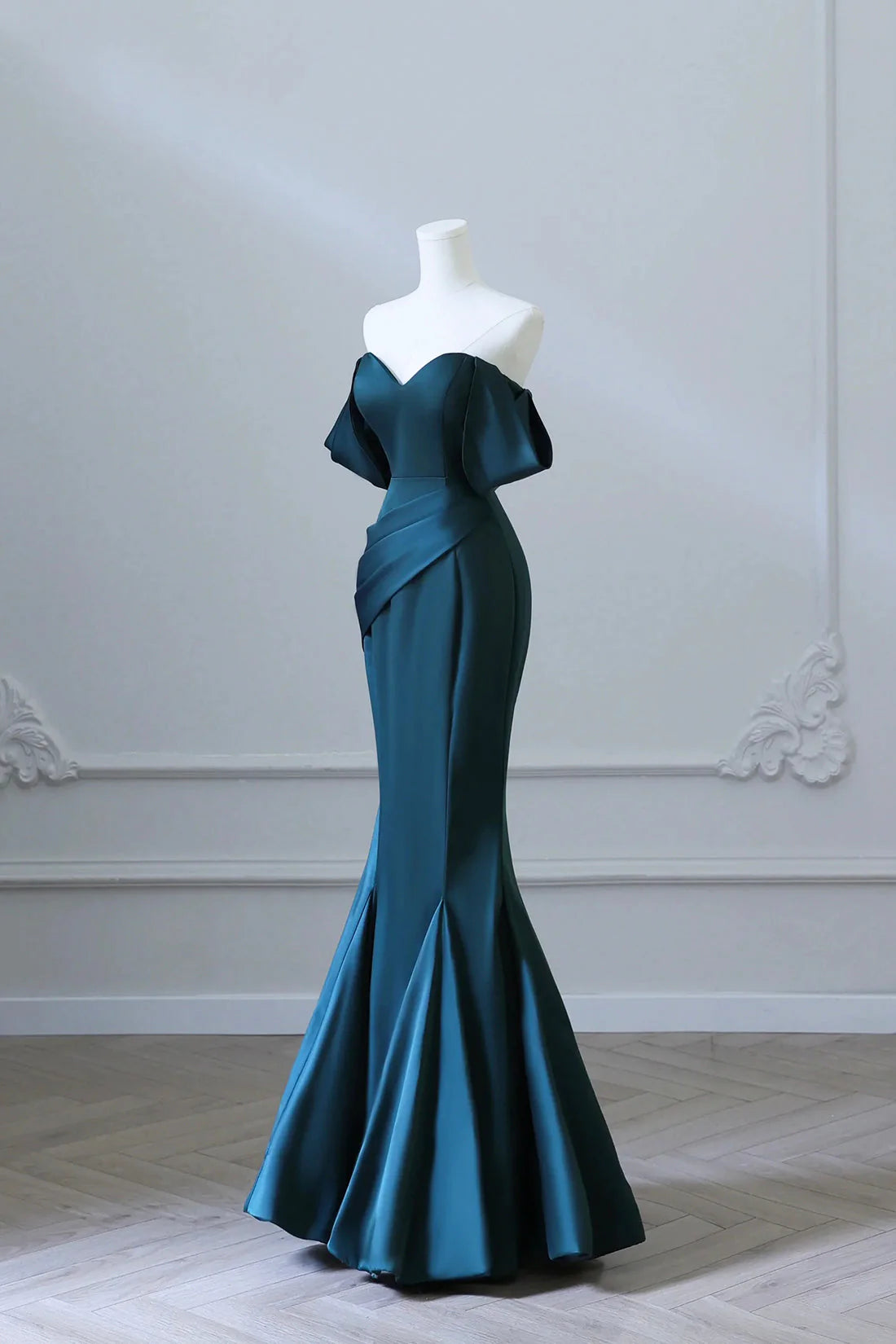 Simple Off Shoulder Satin Ink Blue Long Prom Dress Ink Blue Mermaid Formal Dress simple gentle atmospheric and unique desi Bring summer colors to enhance white