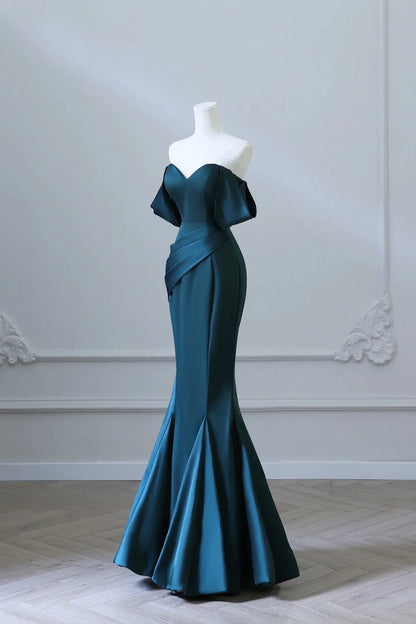 Simple Off Shoulder Satin Ink Blue Long Prom Dress Ink Blue Mermaid Formal Dress simple gentle atmospheric and unique desi Bring summer colors to enhance white