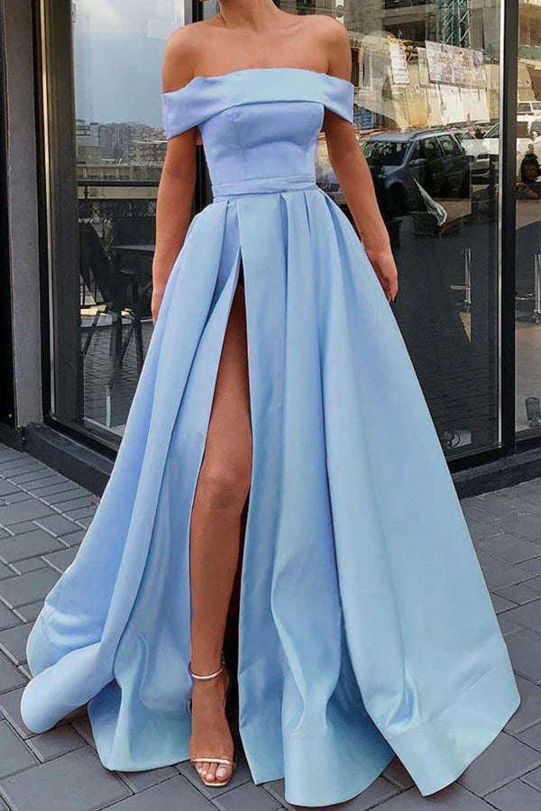 Simple Off The Shoulder High Slit Long Prom Dress A-Line Evening Gown simple gentle atmospheric and unique desi Bring summer colors to enhance whiteness