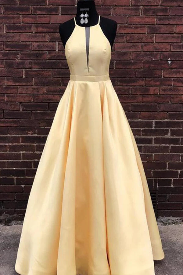Simple Satin A-line Halter Floor-length Long Prom Dresses, Evening Dresses simple gentle atmospheric and unique desi Bring summer colors to enhance whiteness