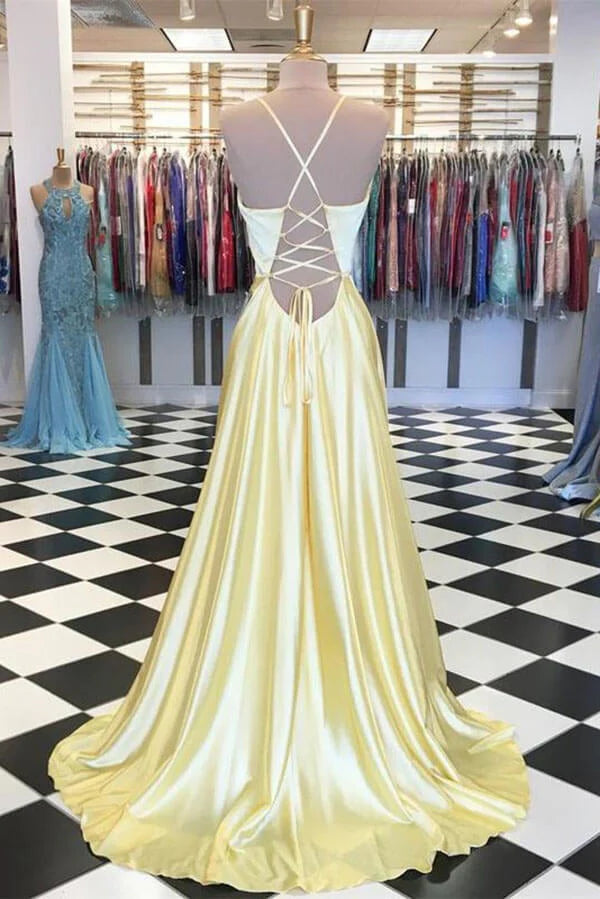 Simple Satin A-line V-neck Spaghetti Straps Prom Dresses, Evening Gown simple gentle atmospheric and unique desi Bring summer colors to enhance whiteness