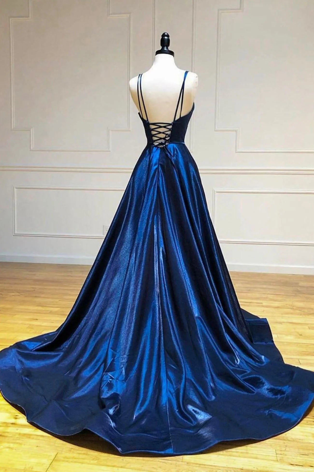 Simple Satin Long A-Line Prom Dress Blue Spaghetti Strap Evening Party Dress simple gentle atmospheric and unique desi Bring summer colors to enhance whitenes