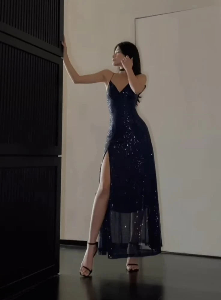 Simple Sheath Spaghetti Straps Sleeveless Navy Blue Sequin Slit Prom Dresses Formal Summer Wedding Guest Dresses Wedding Guest Outfits  simple gentle atmospheric and unique desi Bring summer colors to enhance whiteness