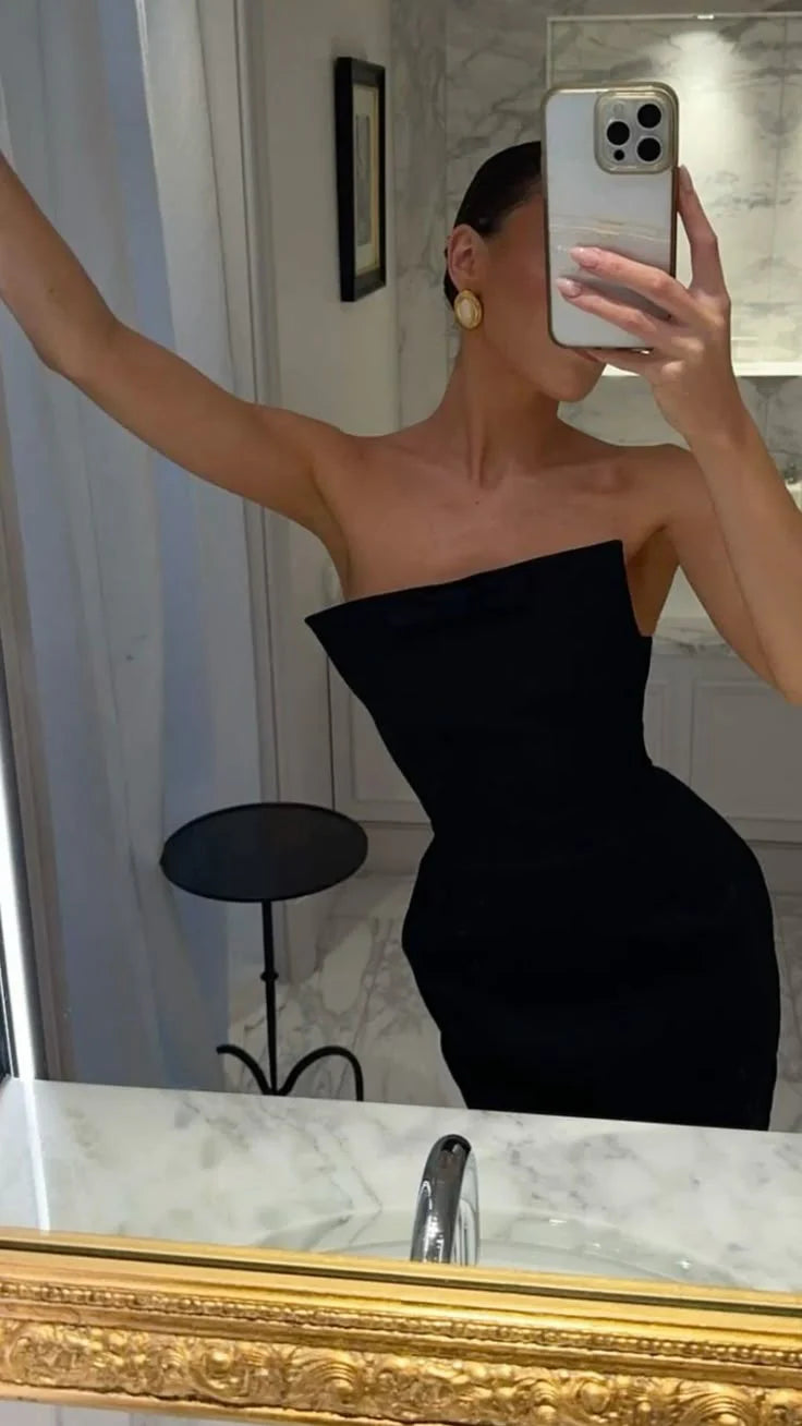 Simple Sheath Strapless Black Prom Dresses Formal Summer Wedding Guest Dresses Wedding Guest Outfits simple gentle atmospheric and unique desi Bring summer colors to enhance whiteness