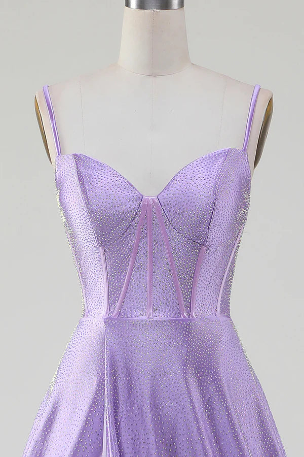 Simple Sparkly Lilac A-Line Side Slit Corset Prom Dresses with Rhinestones simple gentle atmospheric and unique desig