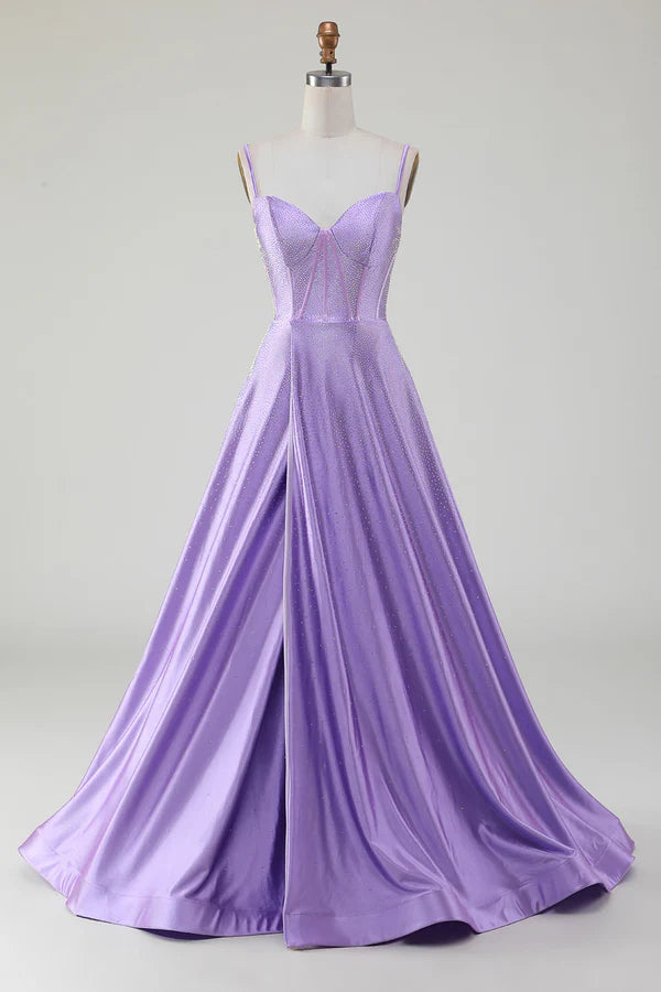 Simple Sparkly Lilac A-Line Side Slit Corset Prom Dresses with Rhinestones simple gentle atmospheric and unique desig