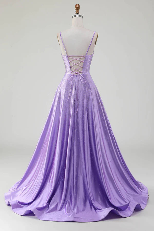 Simple Sparkly Lilac A-Line Side Slit Corset Prom Dresses with Rhinestones simple gentle atmospheric and unique desig