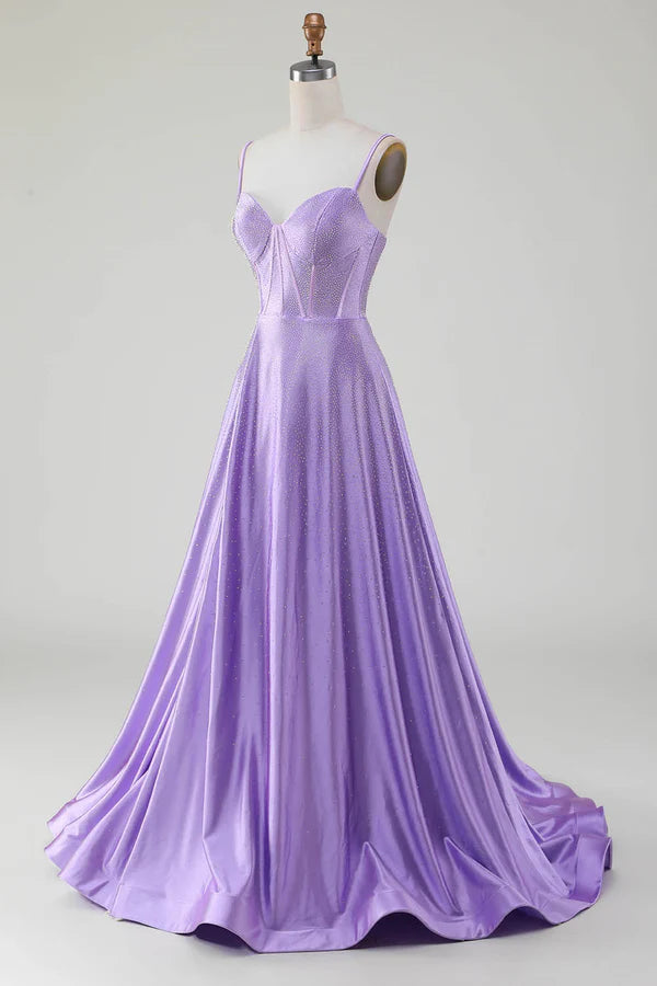Simple Sparkly Lilac A-Line Side Slit Corset Prom Dresses with Rhinestones simple gentle atmospheric and unique desig