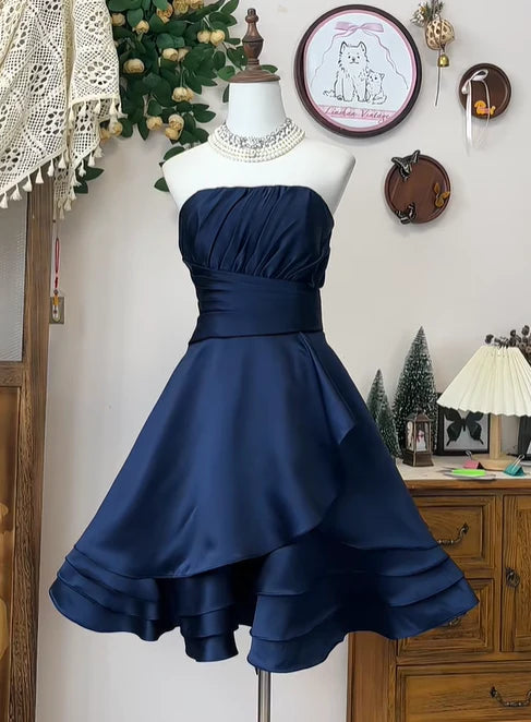 Simple Strapless Navy Blue Satin A Line Homecoming Dress Short Party Dress simple gentle atmospheric and unique desi Bring summer colors to enhance whiteness