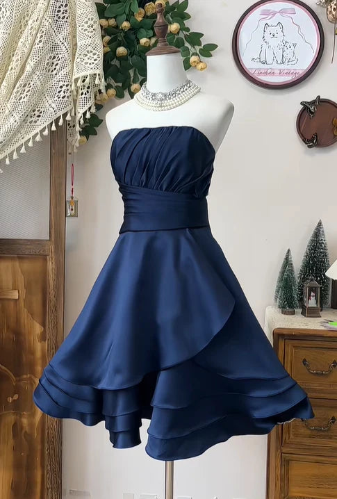 Simple Strapless Navy Blue Satin A Line Homecoming Dress Short Party Dress simple gentle atmospheric and unique desi Bring summer colors to enhance whiteness