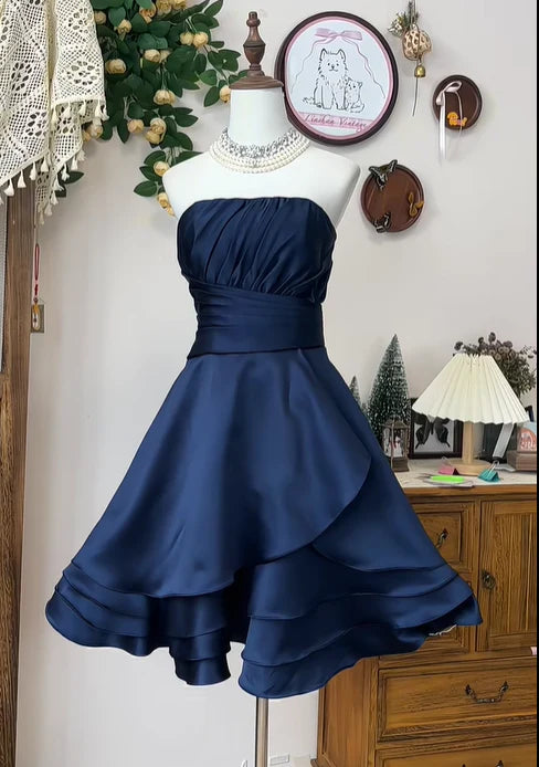 Simple Strapless Navy Blue Satin A Line Homecoming Dress Short Party Dress simple gentle atmospheric and unique desi Bring summer colors to enhance whiteness