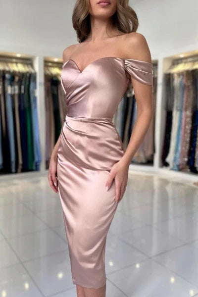 Simple Sweetheart Off-the-Shoulder Cap Sleeve Column Satin Evening Dress with Ruffles Simple gentle atmospheric and unique design  ﻿