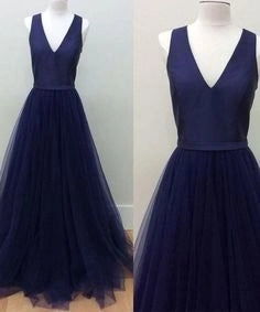 Simple V neckline navy blue tulle long sweet 16 prom dress simple gentle atmospheric and unique desi Bring summer colors to enhance whiteness