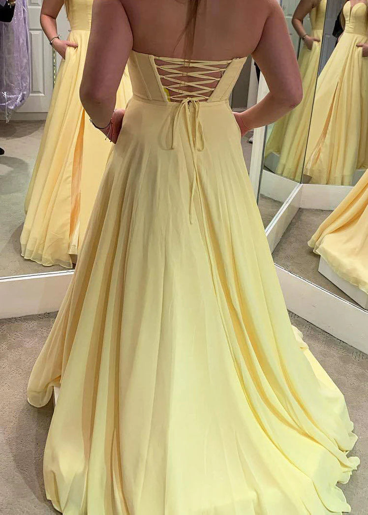 Simple Yellow Long Prom Dress with Pockets,Lace Up back Graduation Dresses   simple gentle atmospheric and unique desi Bring summer colors to enhance whiteness