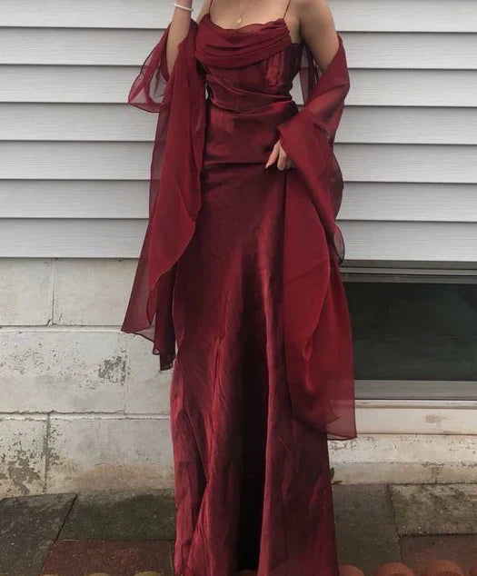 Simple Burgundy A Line Spaghetti Straps Chiffon Satin Long Prom Dress Evening Dress simple gentle atmospheric and unique desi Bring summer colors to enhance whiteness