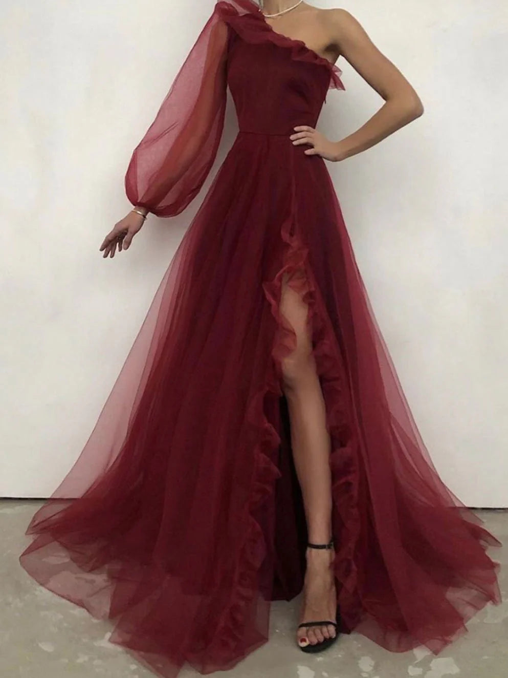 Simple burgundy one shoulder long prom dress burgundy evening dress simple gentle atmospheric and unique desi Bring summer colors to enhance whiteness