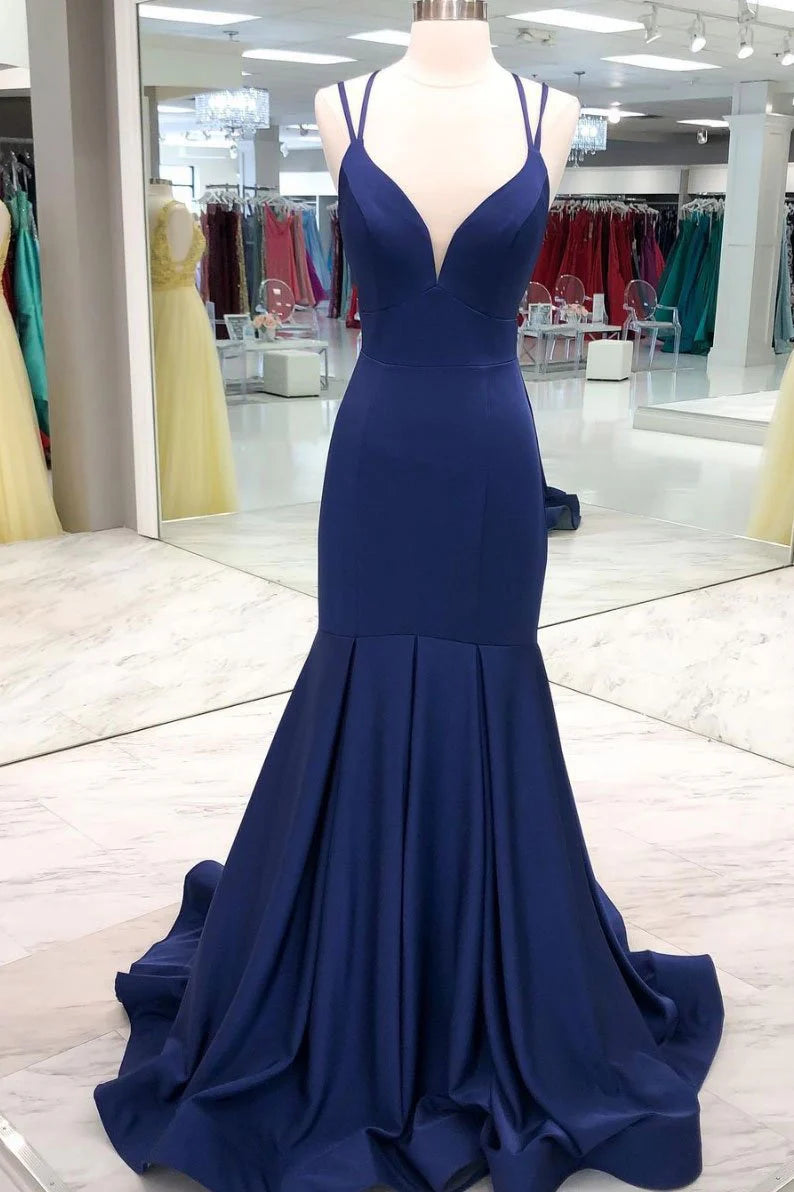 Simple dark blue satin long prom dress blue evening dress simple gentle atmospheric and unique desi Bring summer colors to enhance whiteness