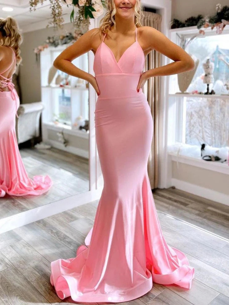 Simple pink satin mermaid long prom dress pink evening dress simple gentle atmospheric and unique desi Bring summer colors to enhance whitenes