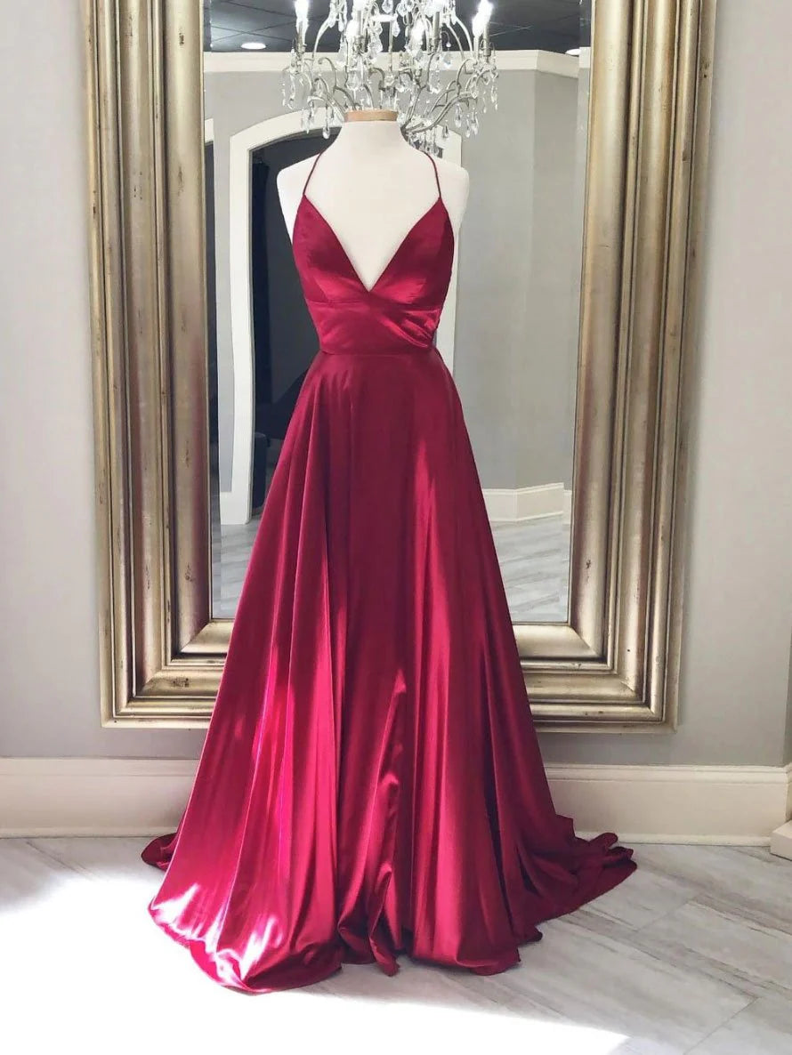 Simple red v neck satin long prom dress red evening dress simple gentle atmospheric and unique desi Bring summer colors to enhance whiteness
