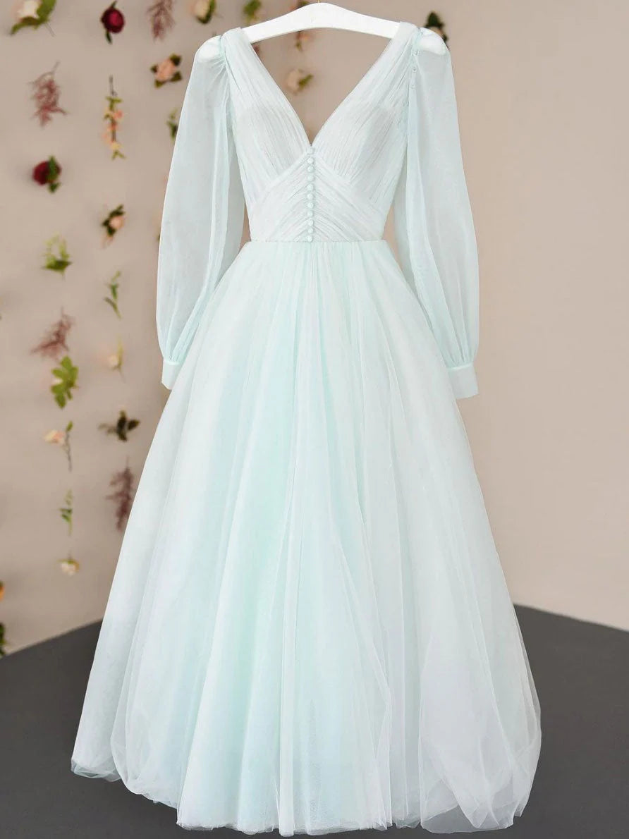 Simple v neck tulle tea length prom dress tulle formal dress simple gentle atmospheric and unique desi Bring summer colors to enhance whitenes