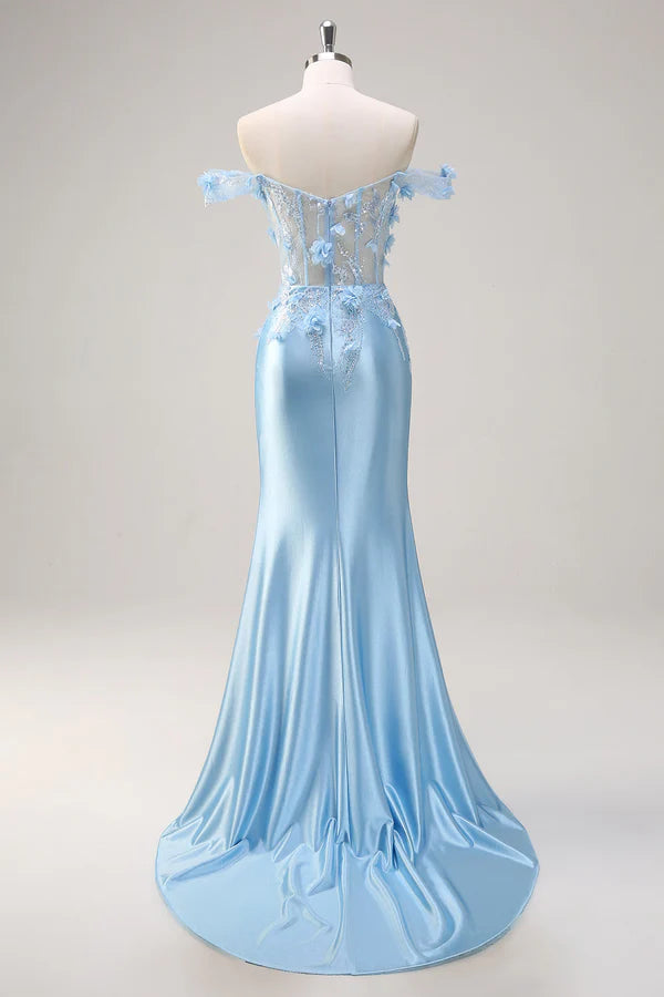 Sky Blue Mermaid Off The Shoulder Corset Floral Long Prom Dress with 3D Flowers simple gentle atmospheric and unique desi
