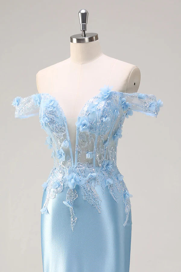 Sky Blue Mermaid Off The Shoulder Corset Floral Long Prom Dress with 3D Flowers simple gentle atmospheric and unique desi