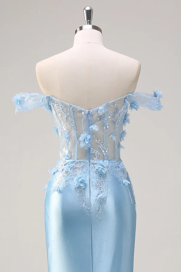Sky Blue Mermaid Off The Shoulder Corset Floral Long Prom Dress with 3D Flowers simple gentle atmospheric and unique desi
