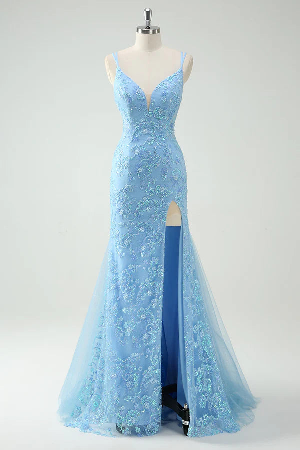 Sky Blue Mermaid Spaghetti Straps Appliqued Long Prom Dress with Slit Slit simple gentle atmospheric and unique desi Bring summer colors to enhance whiteness