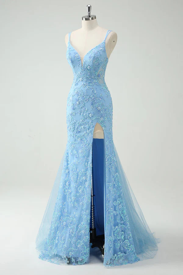Sky Blue Mermaid Spaghetti Straps Appliqued Long Prom Dress with Slit Slit simple gentle atmospheric and unique desi Bring summer colors to enhance whiteness
