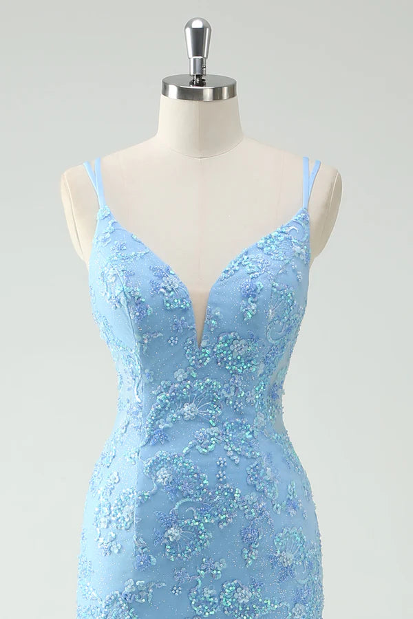 Sky Blue Mermaid Spaghetti Straps Appliqued Long Prom Dress with Slit Slit simple gentle atmospheric and unique desi Bring summer colors to enhance whiteness